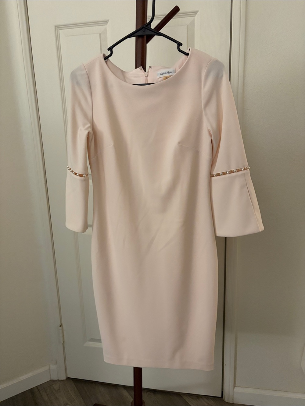 Calvin Klein Pale Pink Midi Sheath Dress with Beaded Sleeves